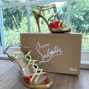 Louboutin “Libelle” Gold + Multi High Heel Sandal